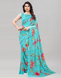 Satrani Womens Pure Georgette Saree (1850S176N_3112S2154N_Aqua Blue | Light Brown)