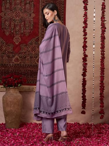 Anni Designer Women'S Rayon Viscose Solid Straight Kurta With Pant & Dupatta (Raja Saab Purple-Vks14_L_Purple_Large),Purple,L,Rayon,Casual,