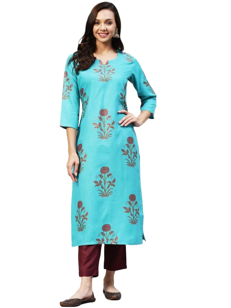 Anni Designer Women'S Cotton Blend Printed Straight Kurta With Pant (Team-Sky_L_Sky Blue_Large),Sky Blue,L