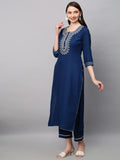 Anni Designer Women'S Cotton Blend Straight Embroidered Kurta With Pant & Dupatta Set (Dhati Kerosin_3Xl_Dark Blue_Xxx-Large),Dark Blue,3XL,Cotton Blend,Regular,Dupatta