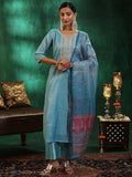 Libas Womens Yoke Design Silk Blend Straight Kurta With Trousers And Dupatta Turquoise Blue Xl