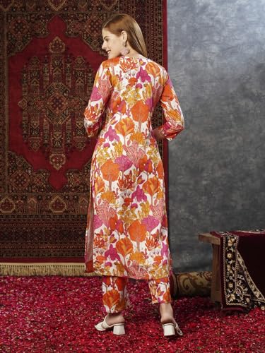 Anni Designer Women'S Cotton Blend Straight Printed Kurta With Pant (Samlok Pink_L_Pink_Large),Pink,L,Cotton Blend,Regular,