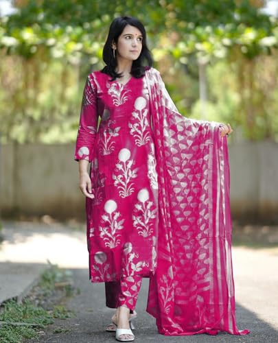 Anni Designer Women'S Rayon Blend Floral Straight Kurta With Pant & Dupatta (Zuri Purple_Pink_Medium),Pink,M,Rayon Blend,Regular,