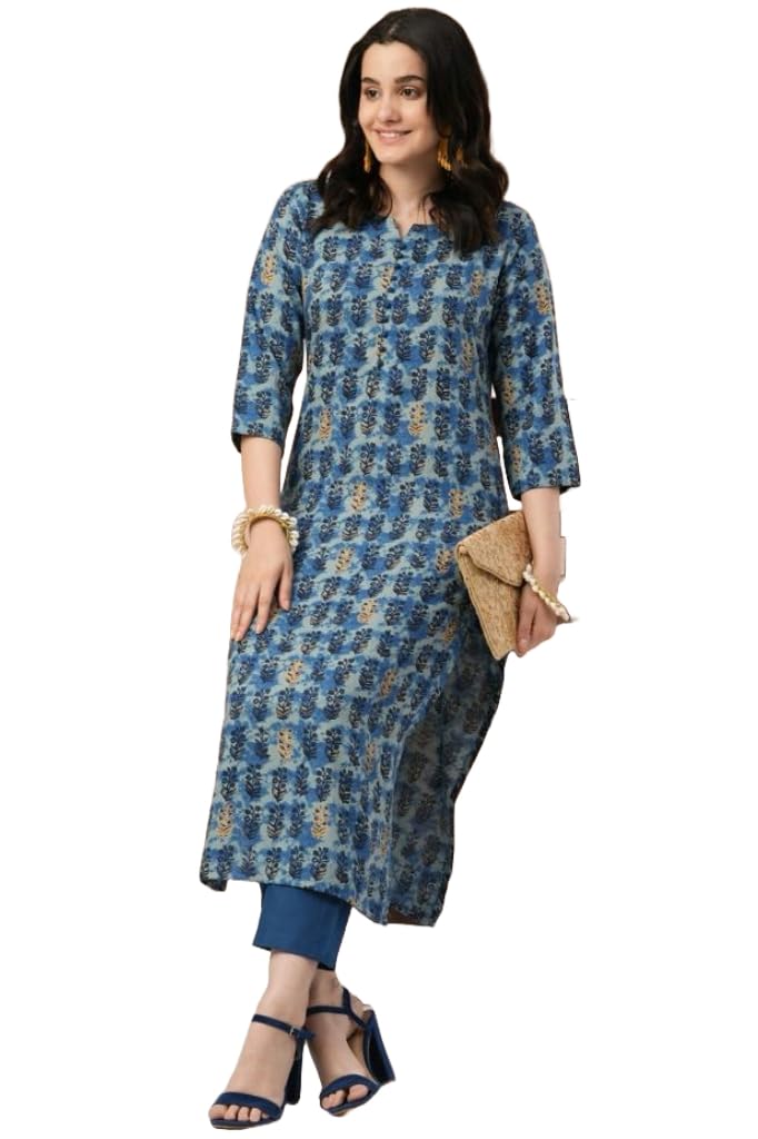 Gosriki Women'S Cotton Blend Straight Printed Kurta With Pant (Mamaji Blue-Fka-Gs_S_Blue_Small),Blue,,B0CTXGV6Z2
