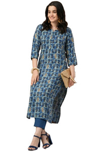 Gosriki Women'S Cotton Blend Straight Printed Kurta With Pant (Mamaji Blue-Fka-Gs_S_Blue_Small),Blue,,B0CTXGV6Z2