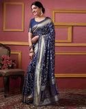 Sugathari Womens Banarasi Saree Pure Kanjivaram Silk Saree Soft New Ladies 2023 Design Wear Pattu Sarees Latest Party Sari Collections With Blouse Piece For Wedding Sadi (San Pari-182 Navy Blue)