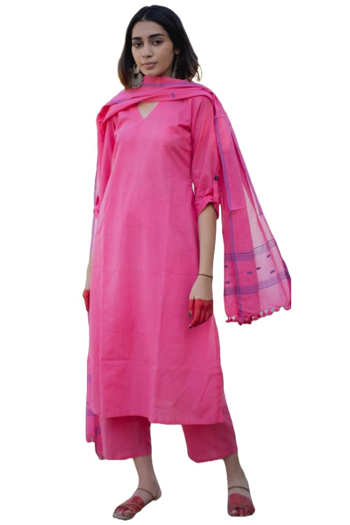 Anni Designer Women'S Rayon Blend Solid Straight Kurta With Pant & Dupatta (Janeu Pink_L_Pink_Large),Pink,L,,,