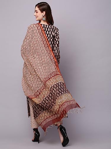 Anni Designer Women'S Cotton Blend Straight Printed Kurta With Pant & Dupatta (Nayantara Black-Sm_L_Black_Large),Black,L,Cotton Blend,Regular,