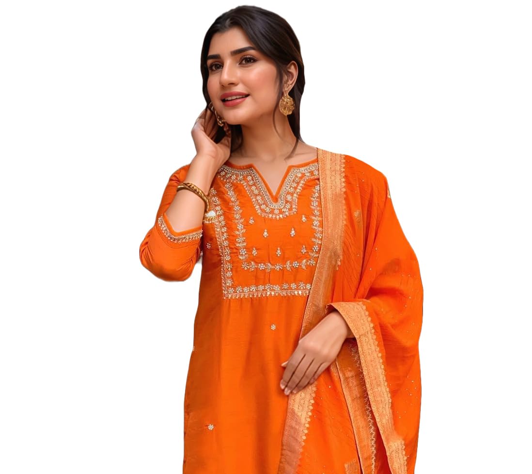 Anni Designer Women'S Silk Blend Straight Embroidered Kurta With Pant & Dupatta (Manushi Orange-Vks05_5Xl_Orange_Xxxxx-Large),Orange,5XL,,,