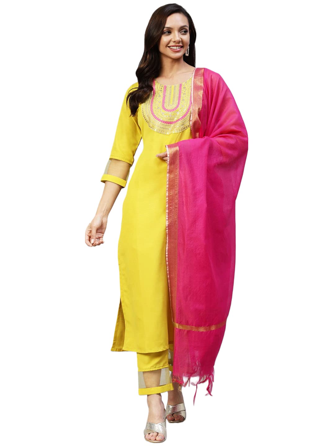 Anni Designer Women'S Cotton Blend Embroidered Straight Kurta With Pant & Dupatta (Talpade-Yellow_S_Yellow_Small),Yellow,S