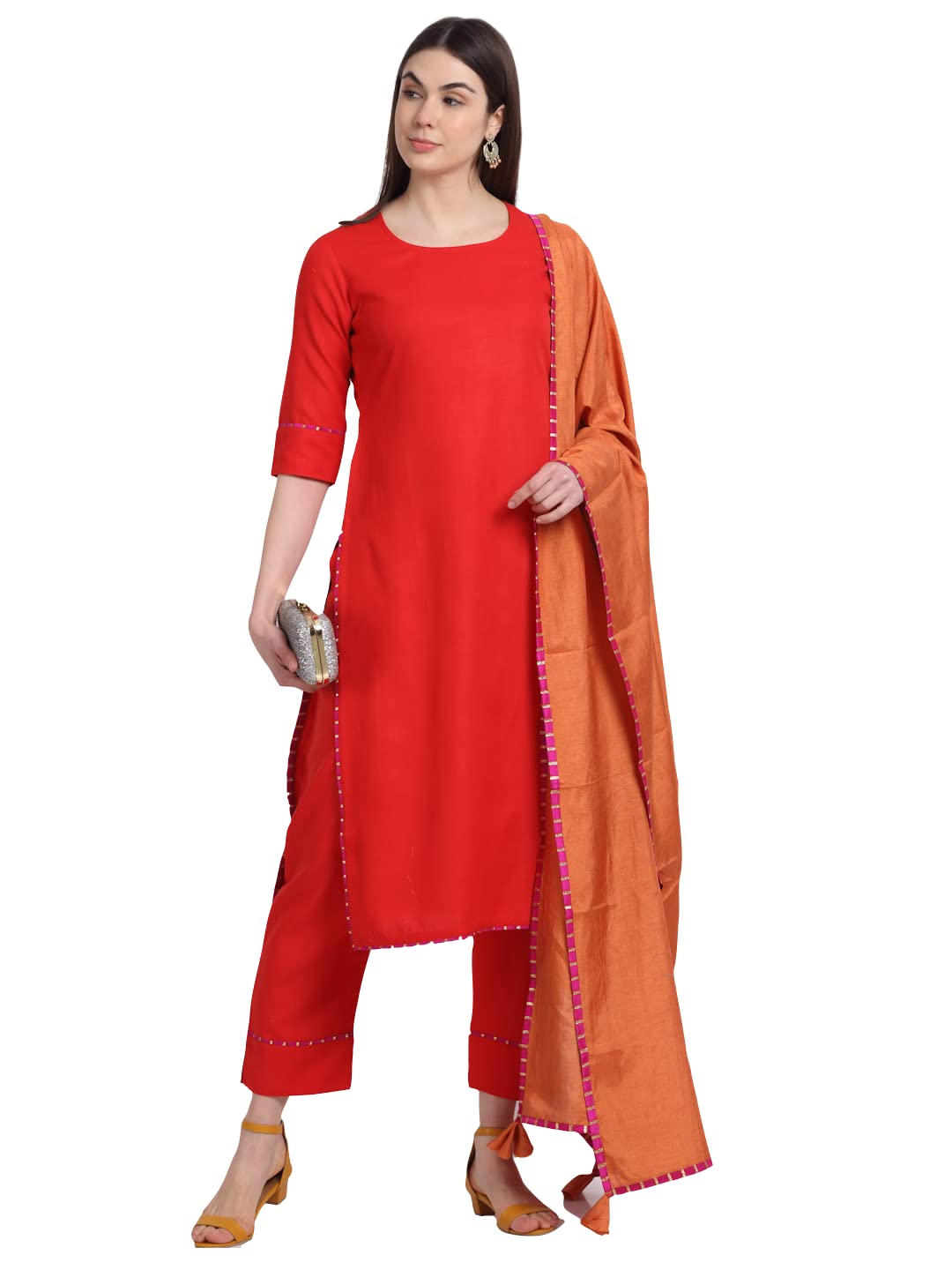 Anni Designer Women'S Cotton Blend Straight Kurta With Pant & Dupatta (Gubghat-Red_L_Red_Large),Red,L,,,
