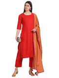 Anni Designer Women'S Cotton Blend Straight Kurta With Pant & Dupatta (Gubghat-Red_L_Red_Large),Red,L,,,
