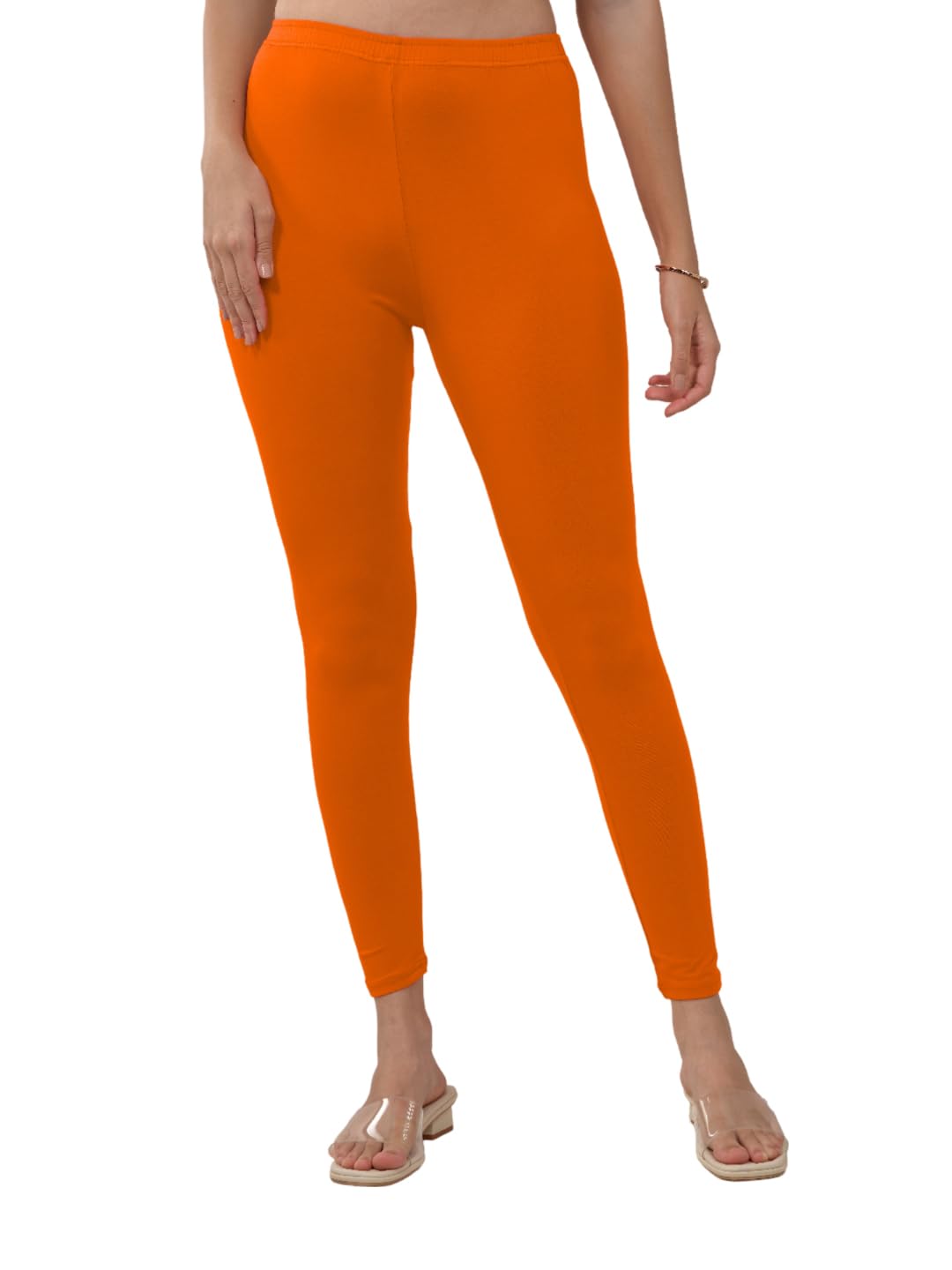 Lyra Women Solid Premium Cotton Ankle Length Leggings | Mid-Waist | Fashionwear Saffron