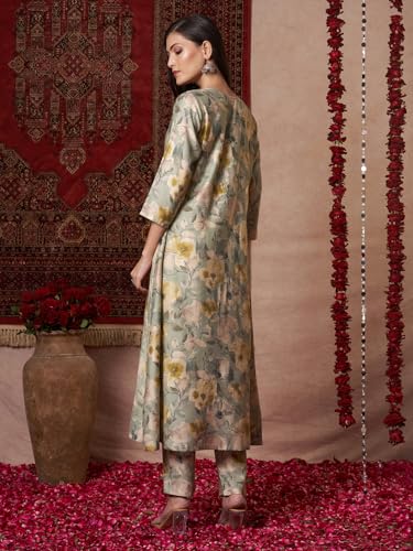 Anni Designer Women'S Rayon Blend Straight Printed Kurta With Pant (Bhaskar Pista_M_Pista_Medium),Pista,M,Rayon Blend,Classic,
