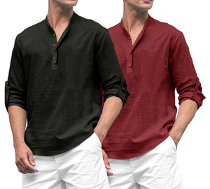 Royalscout Combo Of Men'S Solid Cotton Blend Full Sleeve Straight Kurta Shirt (Pack Of 2) Black-Maroon