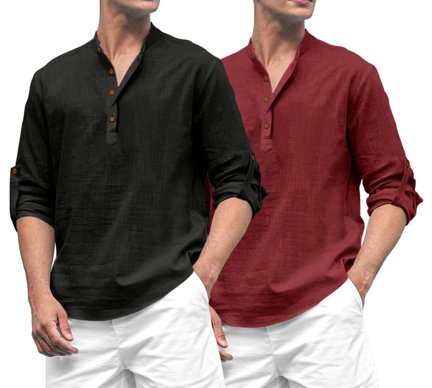 Royalscout Combo Of Men'S Solid Cotton Blend Full Sleeve Straight Kurta Shirt (Pack Of 2) Black-Maroon