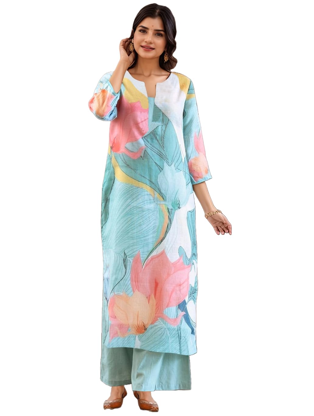 Anni Designer Women'S Rayon Viscose Printed Straight Kurta With Palazzo (Mihika Sky_Xl_Sky Blue_X-Large),Sky Blue,XL
