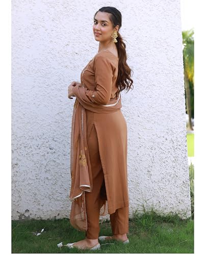 Anni Designer Women'S Rayon Viscose Embroidered Straight Kurta With Pant & Dupatta (Kintu Coffee_S_Brown_Small),Brown,S,Rayon,Regular,