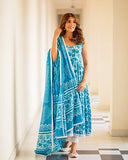 Anni Designer Women'S Cotton Blend Anarkali Printed Kurta With Pant & Dupatta (Kalishta Sky Blue_M_Sky Blue_Medium),Sky Blue,M,Cotton Blend,Anarkali,Dupatta