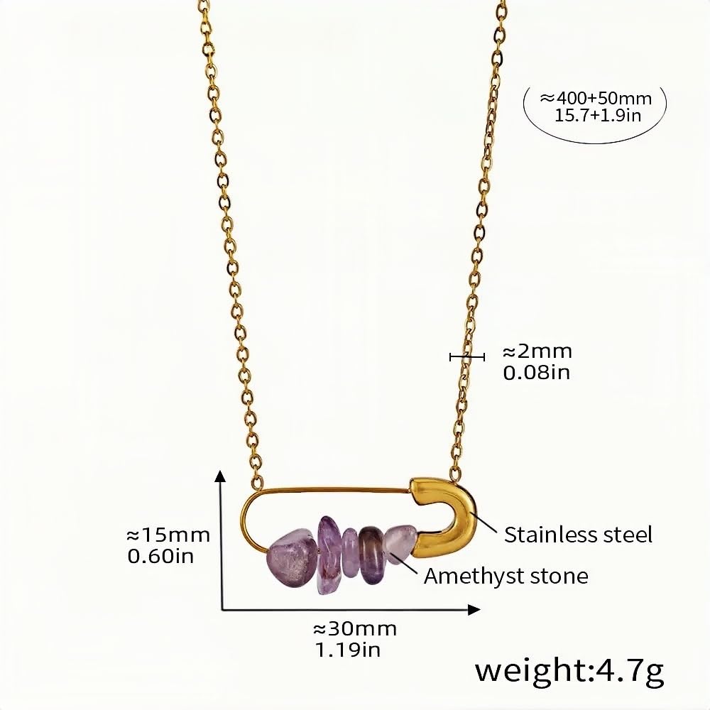 Gold Safety Pin Necklace with Amethyst Stones Stainless Steel Chain Pendant Dainty Crystal Statement Jewelry (15.7in + 1.9in)