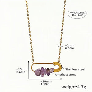 Gold Safety Pin Necklace with Amethyst Stones Stainless Steel Chain Pendant Dainty Crystal Statement Jewelry (15.7in + 1.9in)