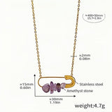 Gold Safety Pin Necklace with Amethyst Stones Stainless Steel Chain Pendant Dainty Crystal Statement Jewelry (15.7in + 1.9in)
