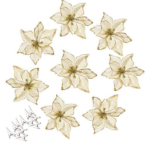 Amajoy 12pcs Glitter Poinsettia Christmas Tree Ornament Artificial Wedding Christmas Flowers Xmas Tree Wreaths Decor Ornament, 5