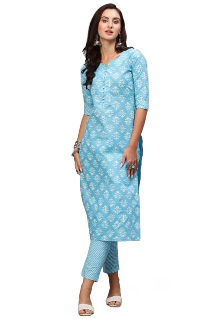 Gosriki Women'S Cotton Blend Printed Straight Kurta With Pant (Kidya Blue-Nwfb08-Gs_M_Blue_Medium),Blue,,B0BTJ69V3Z