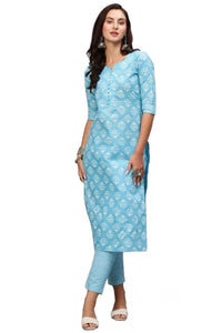 Gosriki Women'S Cotton Blend Printed Straight Kurta With Pant (Kidya Blue-Nwfb08-Gs_M_Blue_Medium),Blue,,B0BTJ69V3Z