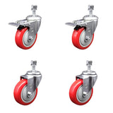 Polyurethane Swivel Threaded Stem Caster Set of 4 w/4 x 1.25 Red Wheels and 1/2 Stems Includes 2 with Total Locking Brake 