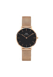 Daniel Wellington Petite Analog Watch For Women With Black Round Dial & Rose Gold Stainless Steel Bracelet Band Water Resistant 