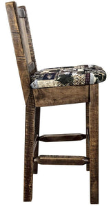 Montana Woodworks Homestead Collection Barstool With Upholstered Seat, Woodland Pattern, Laser Engraved Pine Tree Design, Staine