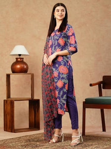 Gosriki Women'S Cotton Blend Straight Printed Kurta With Pant & Dupatta (Fataki Begani-Gs_M_Violet_Medium),Violet,,B0CTXGJHGB