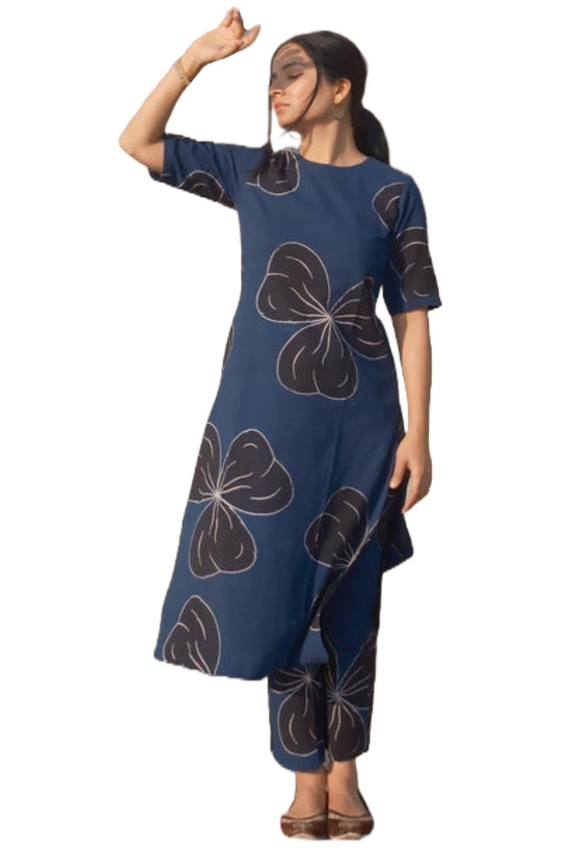 Anni Designer Women'S Rayon Viscose Straight Printed Kurta With Pant (Kamo Blue_L_Blue_Large),Blue,L