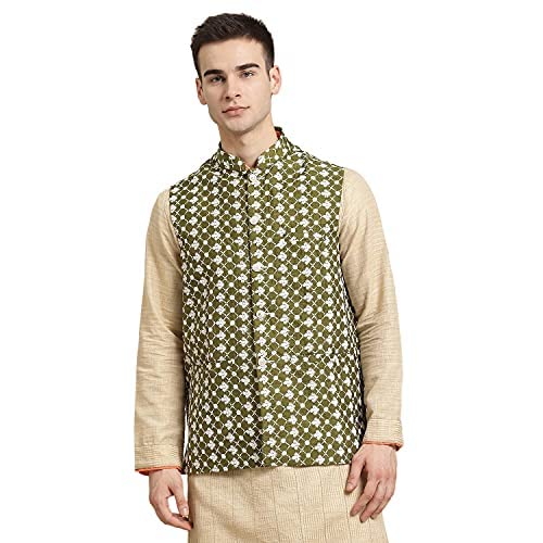 Sojanya (Since 1958, Men'S Silk Blend Dark Green Embroidered Only Nehrujacket, Size: 42