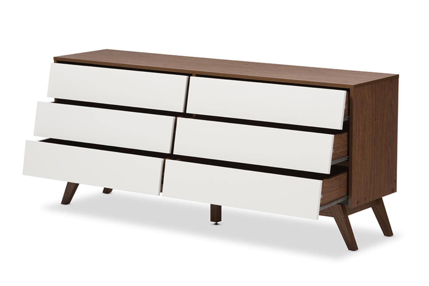 Baxton Studio Hildon 6 Drawer Double Dresser In White And Walnut Brown