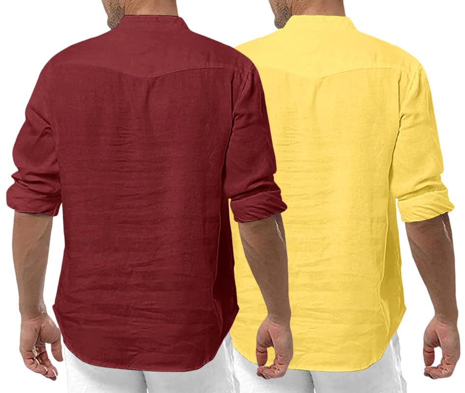 Royalscout Men'S Cotton Polyester Blend Solid Regular Fit Full Sleeve Short Kurta | Ethnic, Lightweight Summer Kurta For Daily & Occasion Use Maroon-Yellow Maroon-Yellow 4Xl