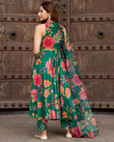 Anni Designer Women'S Cotton Blend Printed Anarkali Kurta With Pant & Dupatta (Tanujashri Green_M_Green_Medium),Green,M,Cotton Blend,Anarkali,Dupatta