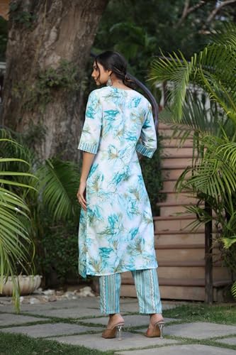 Gosriki Women'S Cotton Blend Straight Printed Kurta With Pant (Ps-Rama-Blue-Bfv-Gs_L_Blue_Large),Blue,,B0CPXV94D2