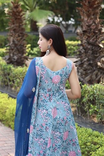 Anni Designer Women'S Cotton Blend Anarkali Printed Kurta With Pant & Dupatta (Goanni Blue_Xl_Blue_X-Large),Blue,XL,Cotton Blend,GOANNI BLUE_1447,Kurta, Scarf