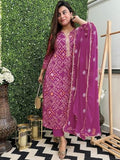 Gosriki Women'S Rayon Viscose Straight Bandhej Printed Kurta With Pant & Dupatta (Turae Purple-Vks01-Gs_Xl_Purple_X-Large),Purple,,B0F13S85W3