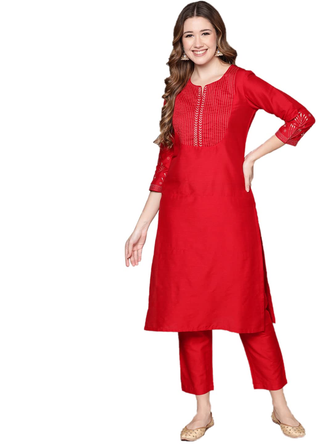 anubhutee Women's Cotton Red Woven Design Thread Work Straight Kurta Suit Set With Pants