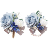 MAFELOE 2 Pieces Homecoming Party Prom Artificial Wrist Corsage and Boutonniere Set Groom Groomsmen Bride Bridesmaids Wedding Simulation Flowers Accessories Suit Decorations - Dusty Blue+White-New