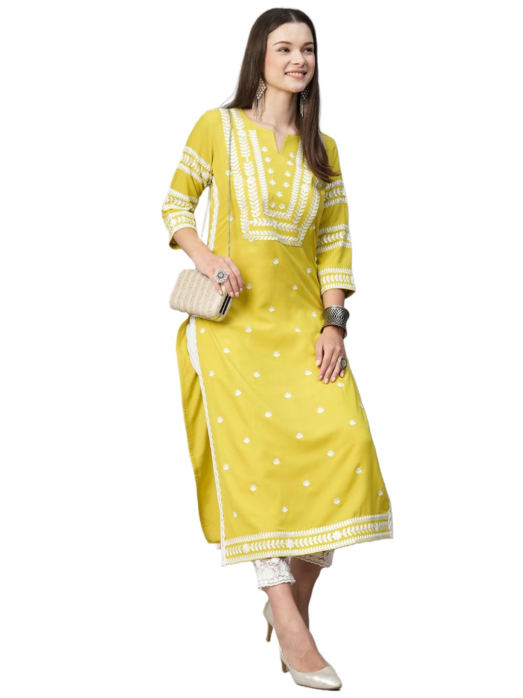 Anni Designer Women'S Cotton Blend Chikankari Embroidered Straight Kurta (Stho-Yellow_S_Yellow_Small),Yellow,S