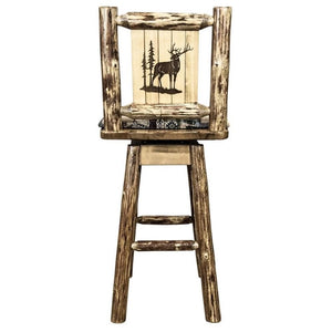 Montana Woodworks Glacier Country Collection Barstool With Back & Swivel, Upholstered Seat, Woodland Pattern With Laser Engraved
