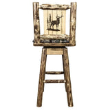 Montana Woodworks Glacier Country Collection Barstool With Back & Swivel, Upholstered Seat, Woodland Pattern With Laser Engraved