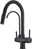 TUTEW Matte Black Kitchen Faucet with Pull Down Sprayer, Black Kitchen Sink Faucet with Drinking Water Faucet,2 Handle 3 in 1 Wa