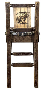 Montana Woodworks Homestead Collection Barstool With Upholstered Seat, Woodland Pattern, Laser Engraved Bear Design, Stained & L