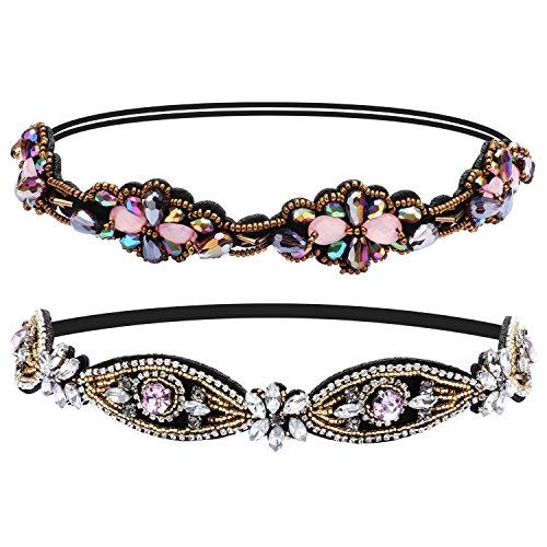 Amariver 2 Pieces Rhinestone Beaded Elastic Headband