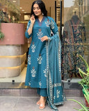 Anni Designer Women'S Rayon Blend Straight Printed Kurta With Pant & Dupatta (Jimny Blue_M_Blue_Medium),Blue,M,Rayon Blend,Regular,